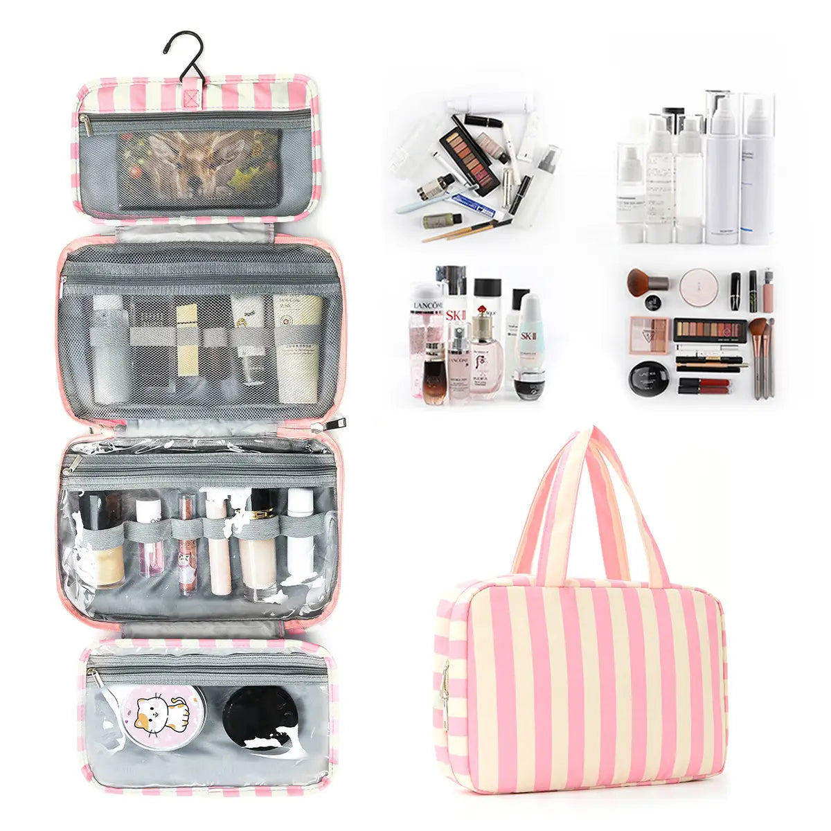 Striped Hanging Toiletry Bag 4 Layer Foldable Cosmetic Bag