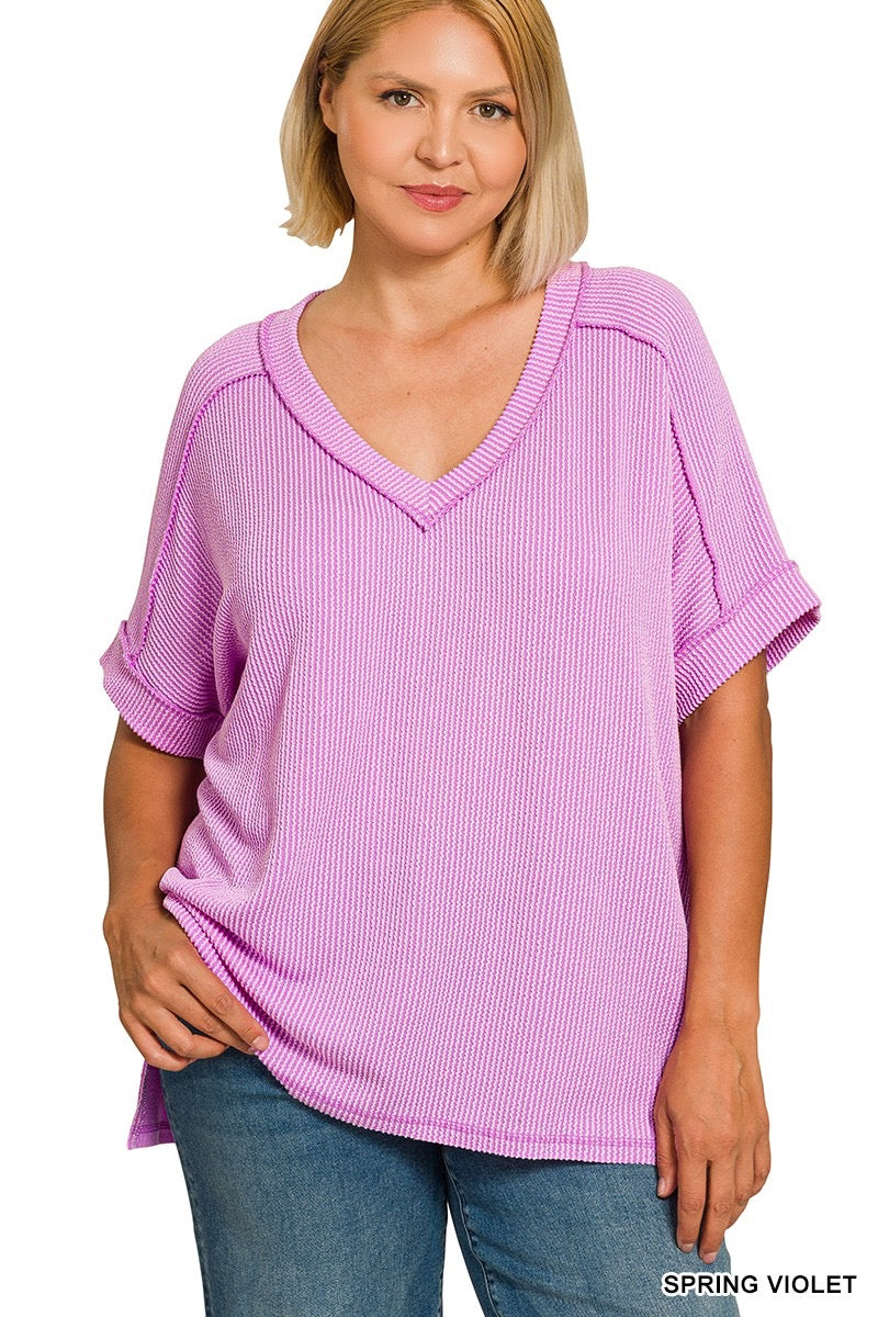 Plus Ribbed V-Neck Top