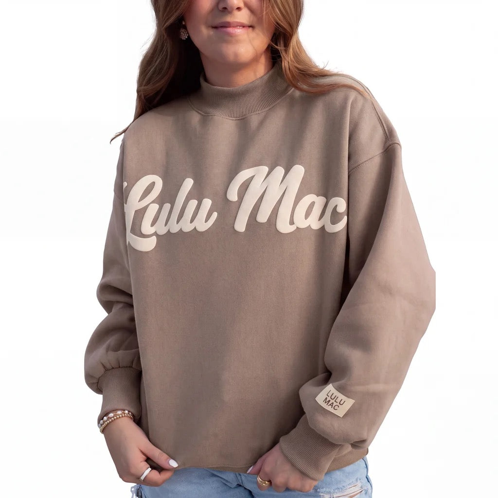 Brown and Cream Script Lulu Mac Mock Neck