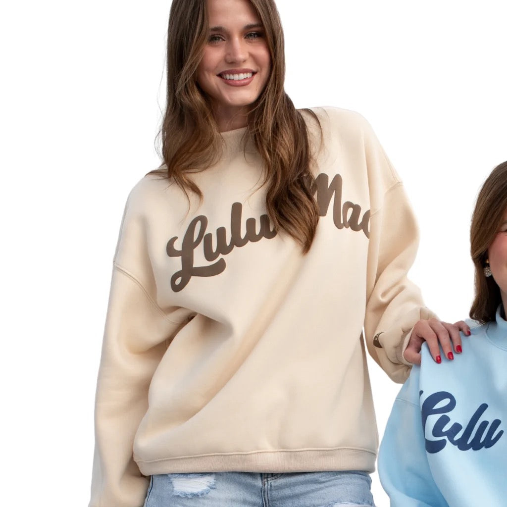 Cream and Brown Script Lulu Mac Mock Neck