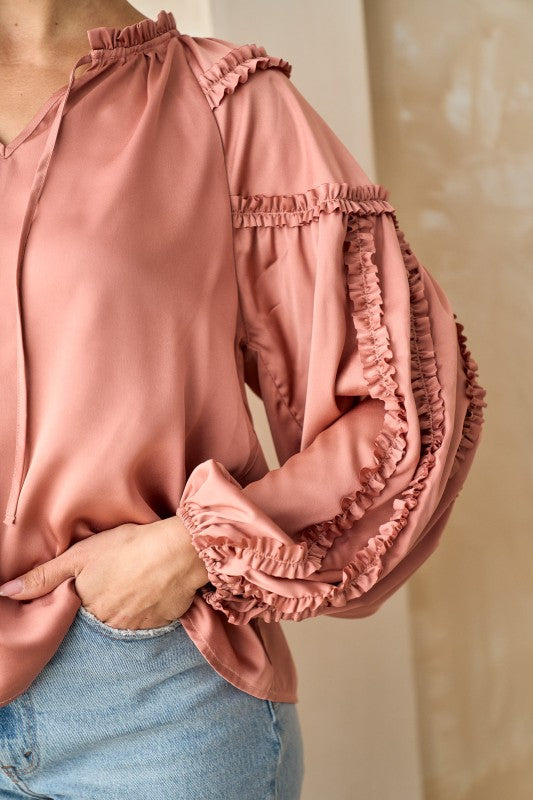 Satin Ruffle Sleeve Blouse