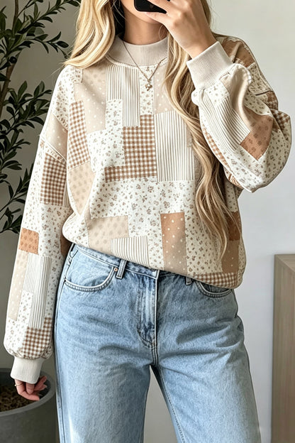 Patchwork Floral Print Mock Neck Top