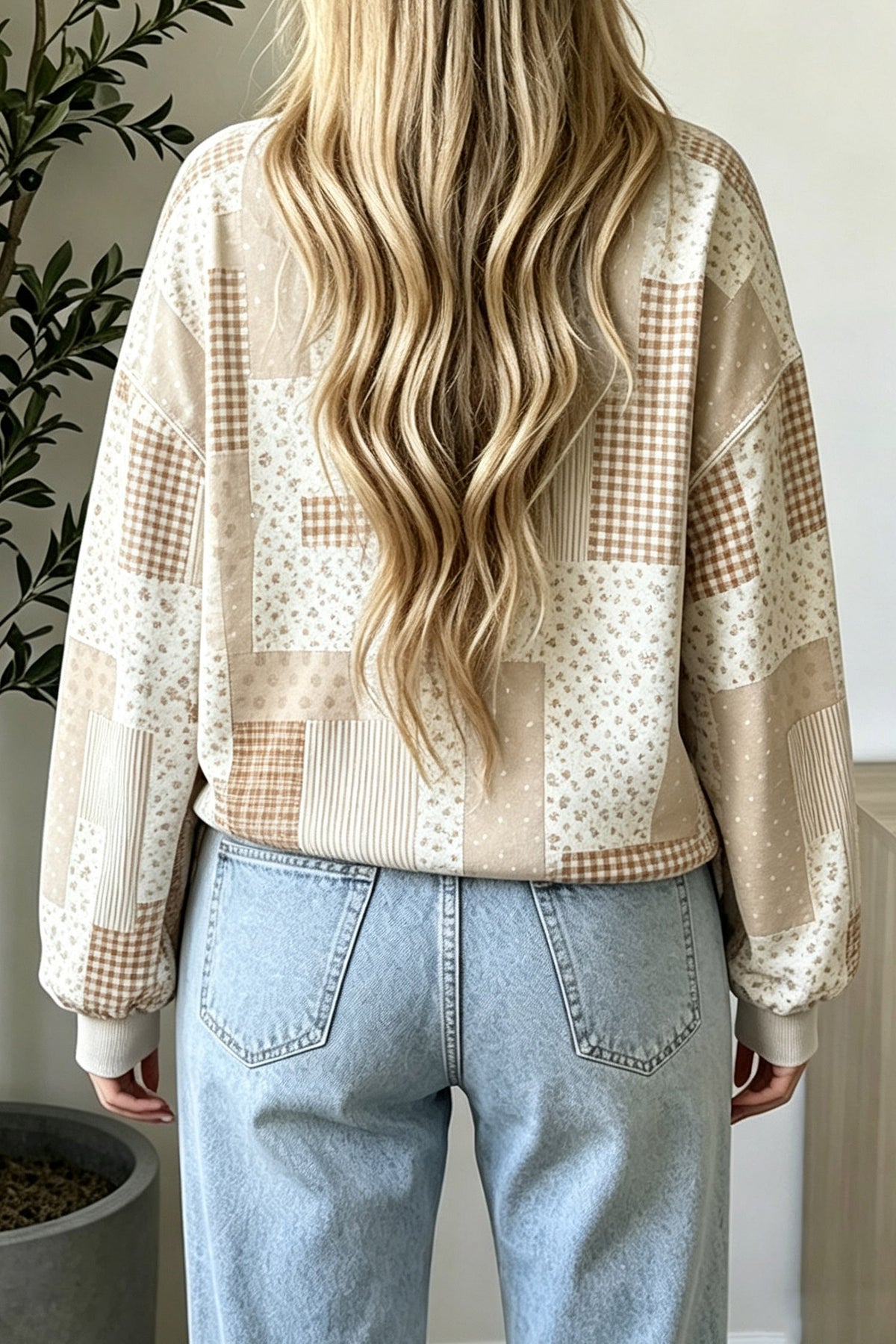 Patchwork Floral Print Mock Neck Top