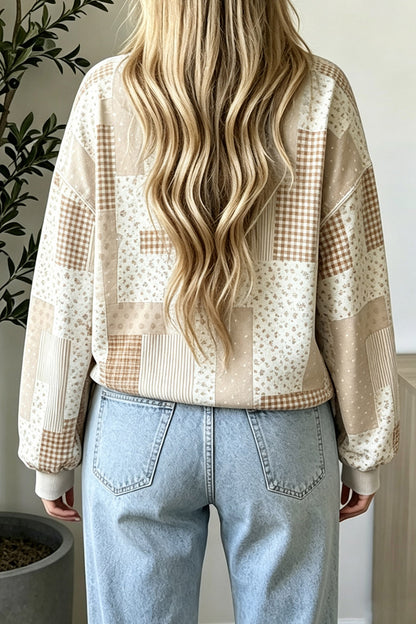 Patchwork Floral Print Mock Neck Top