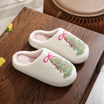 Fuzzy Cozy Christmas Tree Plush Slippers