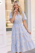 Blue Floral Striped Midi Dress