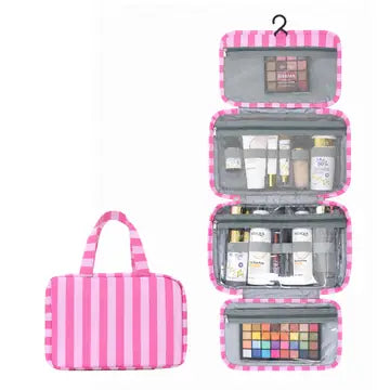 Striped Hanging Toiletry Bag 4 Layer Foldable Cosmetic Bag