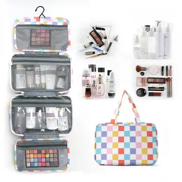 Striped Hanging Toiletry Bag 4 Layer Foldable Cosmetic Bag