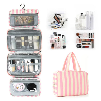 Striped Hanging Toiletry Bag 4 Layer Foldable Cosmetic Bag