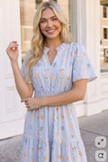 Blue Floral Striped Midi Dress