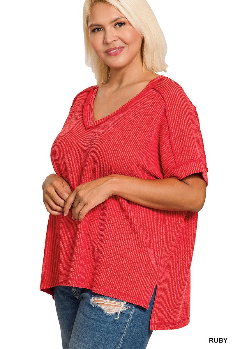 Plus Ribbed V-Neck Top