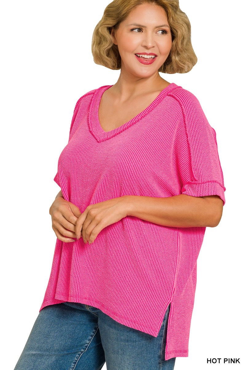 Plus Ribbed V-Neck Top