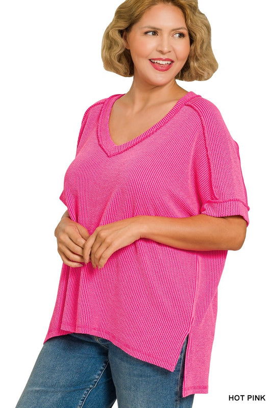 Plus Ribbed V-Neck Top