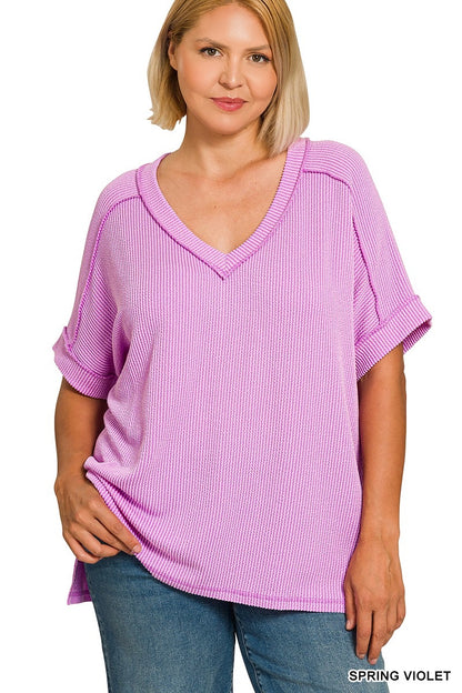 Plus Ribbed V-Neck Top