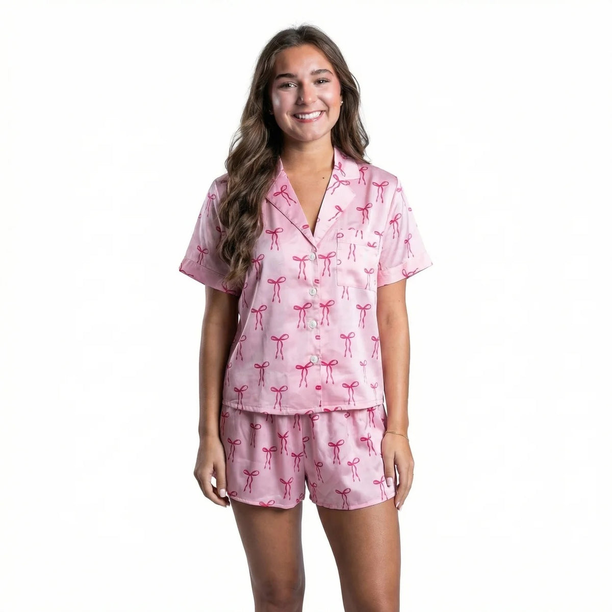 Bow Pink Satin Pajama Short Set