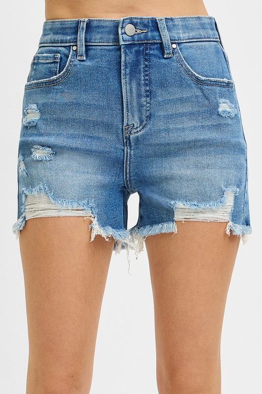 Tummy Control Distressed Shorts